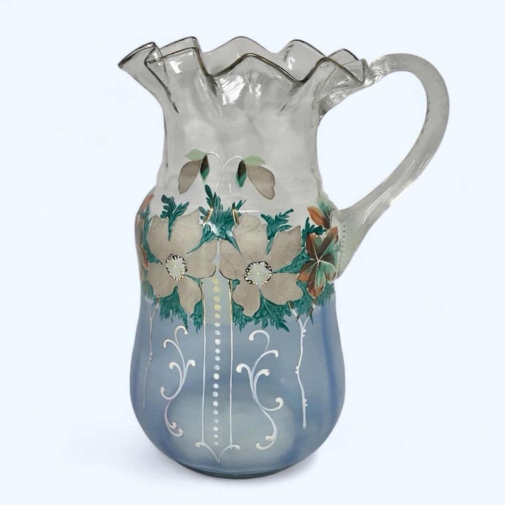 Victorian Hand Painted Pitcher Enameled  Blue Art Glass Floral Pitcher